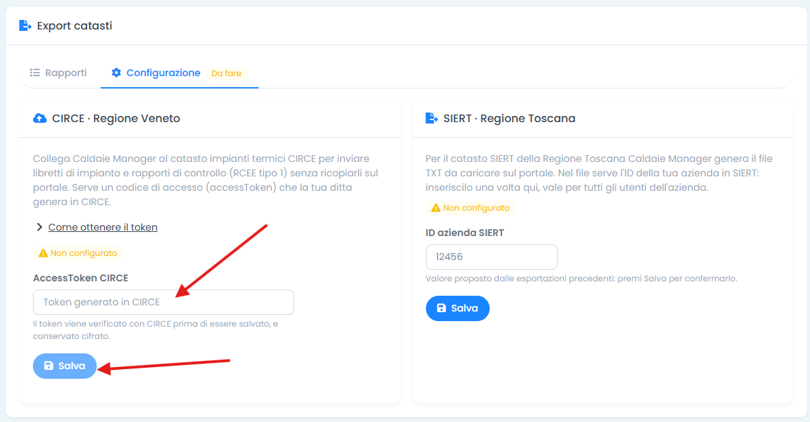 Caldaie Manager, Export catasti, scheda Configurazione: il campo AccessToken CIRCE e il pulsante Salva