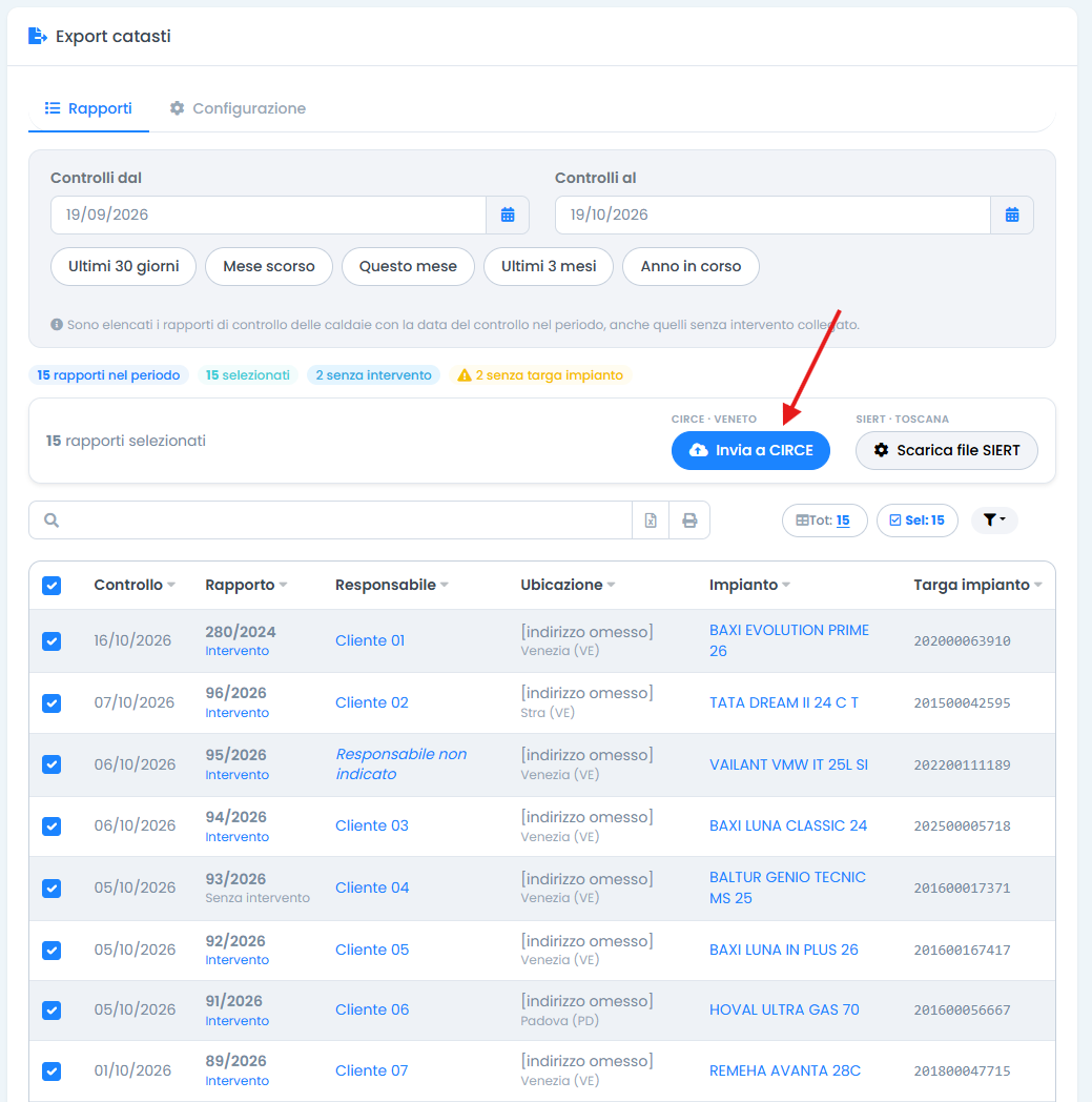 Caldaie Manager, Export catasti: i rapporti di controllo del periodo e il pulsante Invia a CIRCE