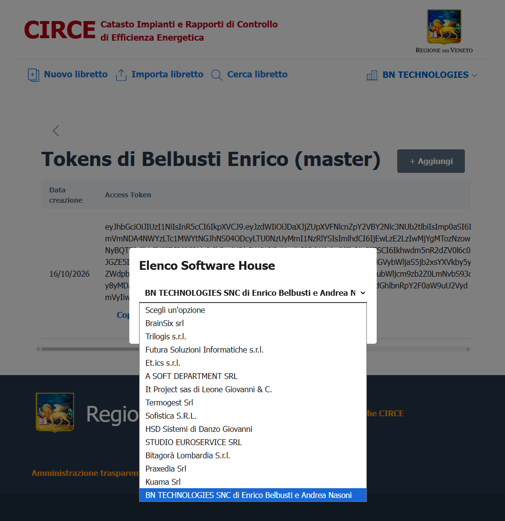 Portale CIRCE, pagina Tokens dell'utente Master: nella finestra Elenco Software House si sceglie BN TECHNOLOGIES