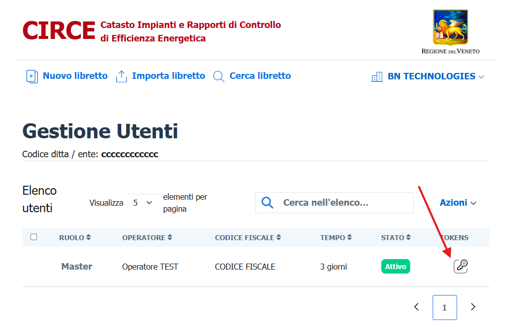 Portale CIRCE, Gestione utenti: l'icona Tokens sulla riga dell'utente Master