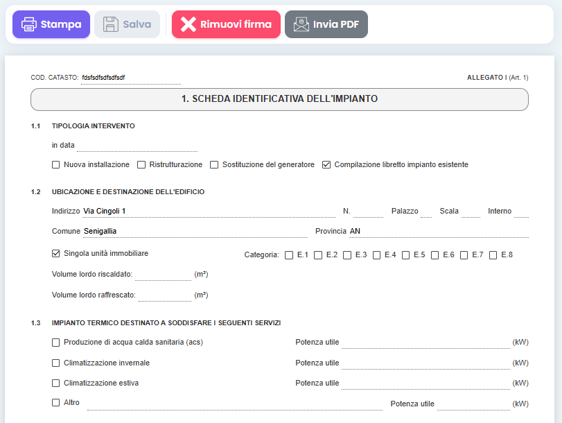 Scheda 1 del libretto di impianto compilata in Caldaie Manager