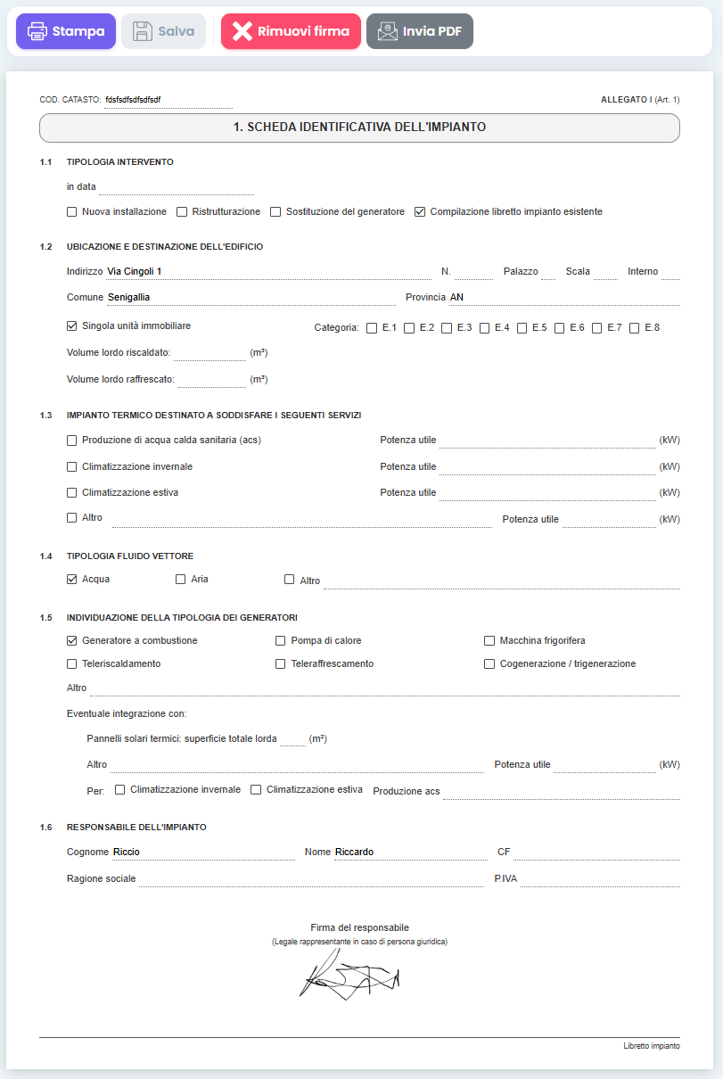 Scheda 1 del libretto di impianto compilata in Caldaie Manager, identica al modello ufficiale, con la firma del responsabile