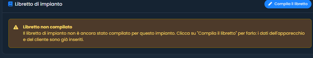 Scheda impianto di Caldaie Manager: libretto non ancora compilato, con il pulsante Compila il libretto