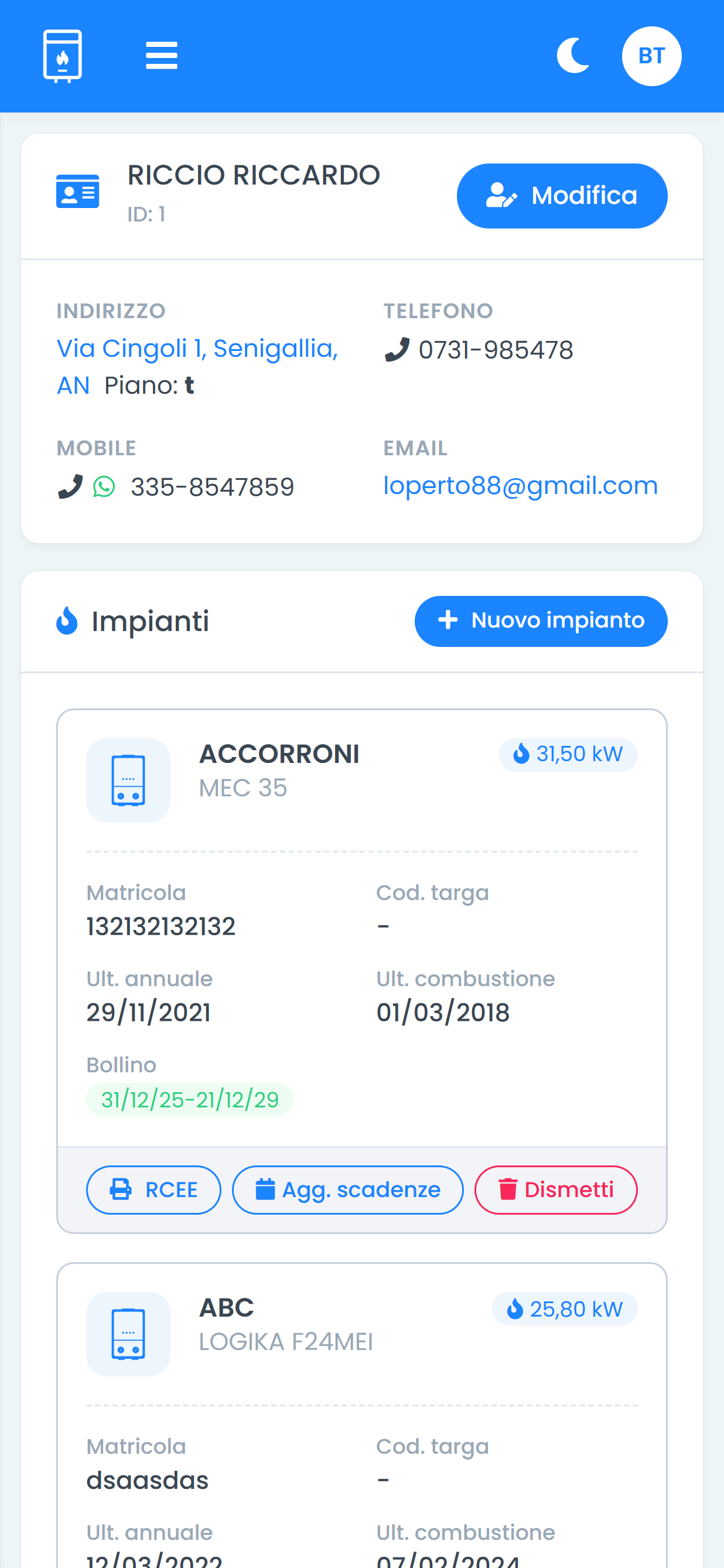 Scheda cliente di Caldaie Manager su smartphone