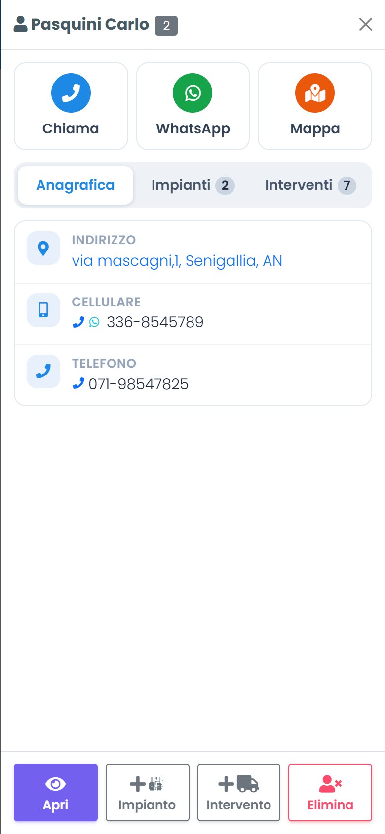 Riepilogo cliente con chiamata, WhatsApp e mappa su smartphone